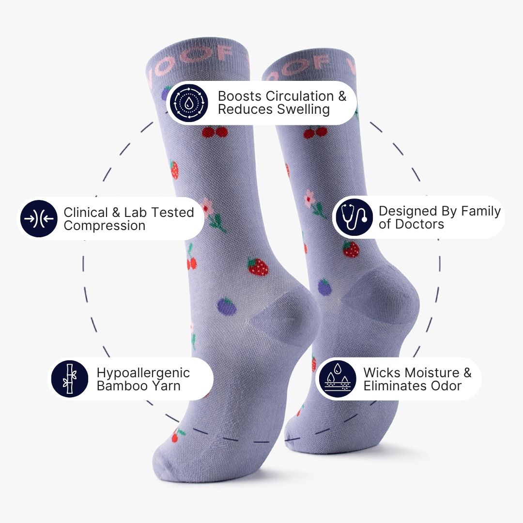 A Cherries & Berries Bamboo Crew Compression Socks surrounded by key feature callout icons, including boosts circulation & reduces swelling, clinically tested compression, hypoallergenic & odor free, designed by family of doctors, and moisture-wicking properties.